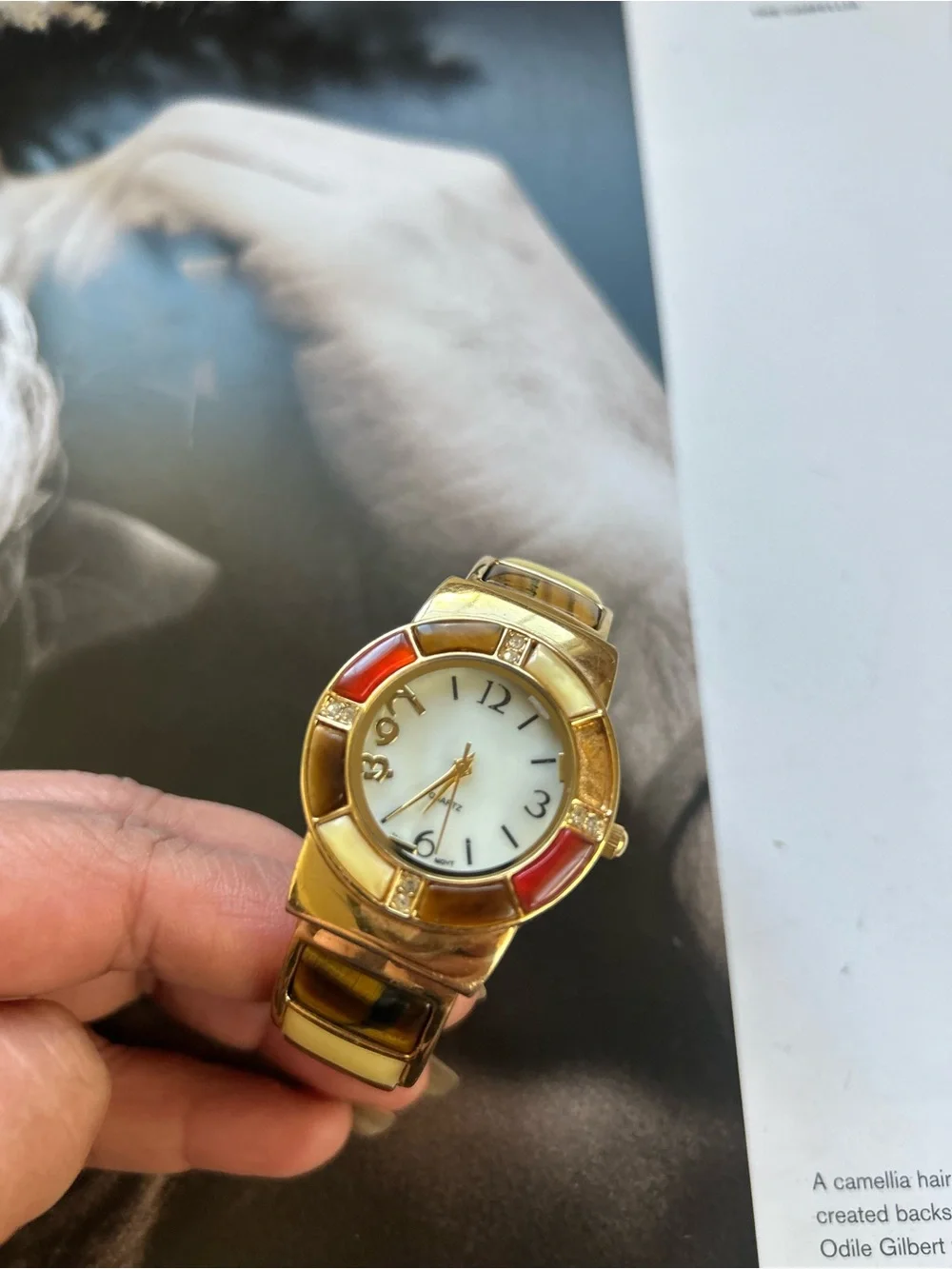 japan movt Gold-Tone Women's Watch with Red Accents